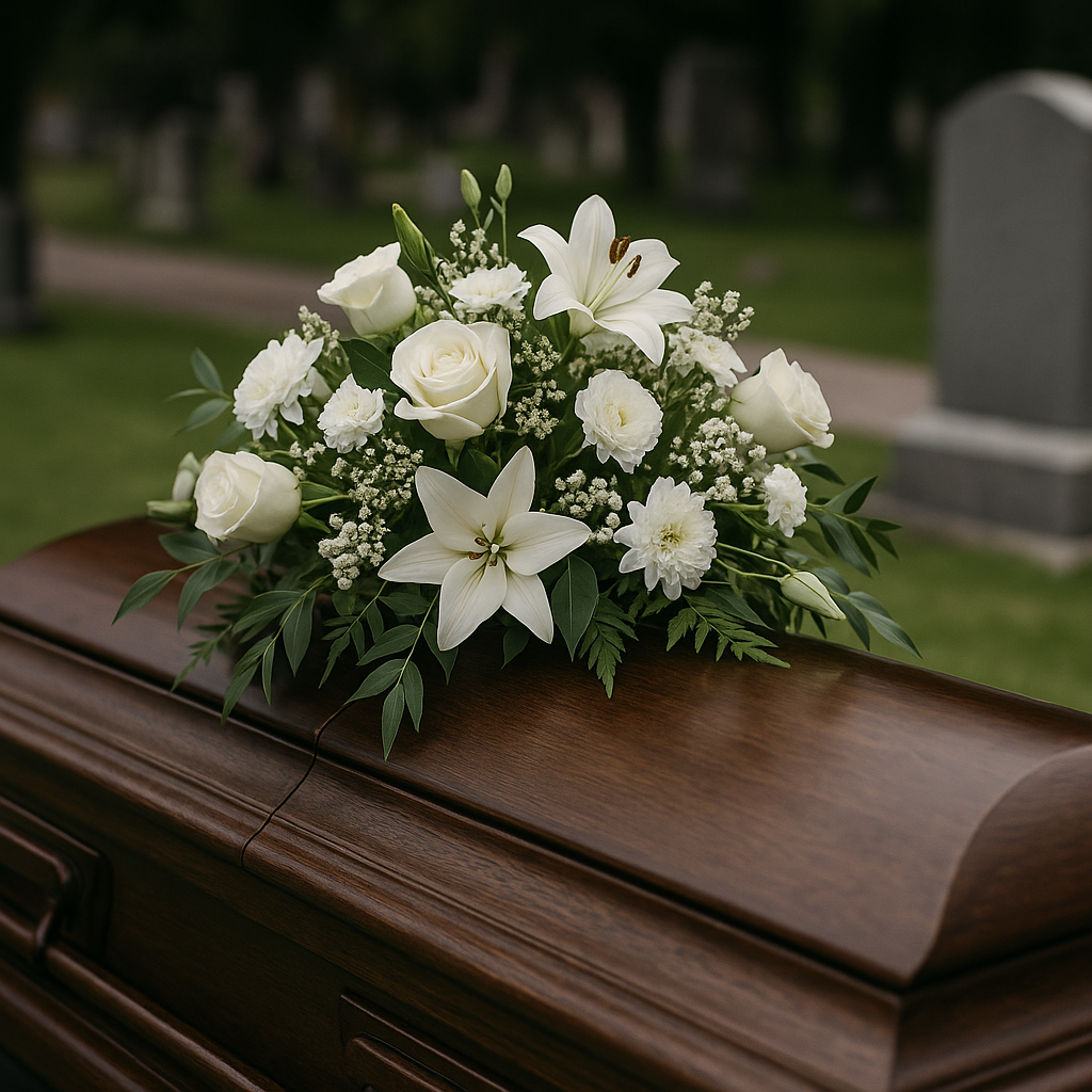 Casket adorned with white flowers, symbolizing remembrance and mourning, set in a cemetery, reflecting themes of loss and seeking justice in wrongful death claims.
