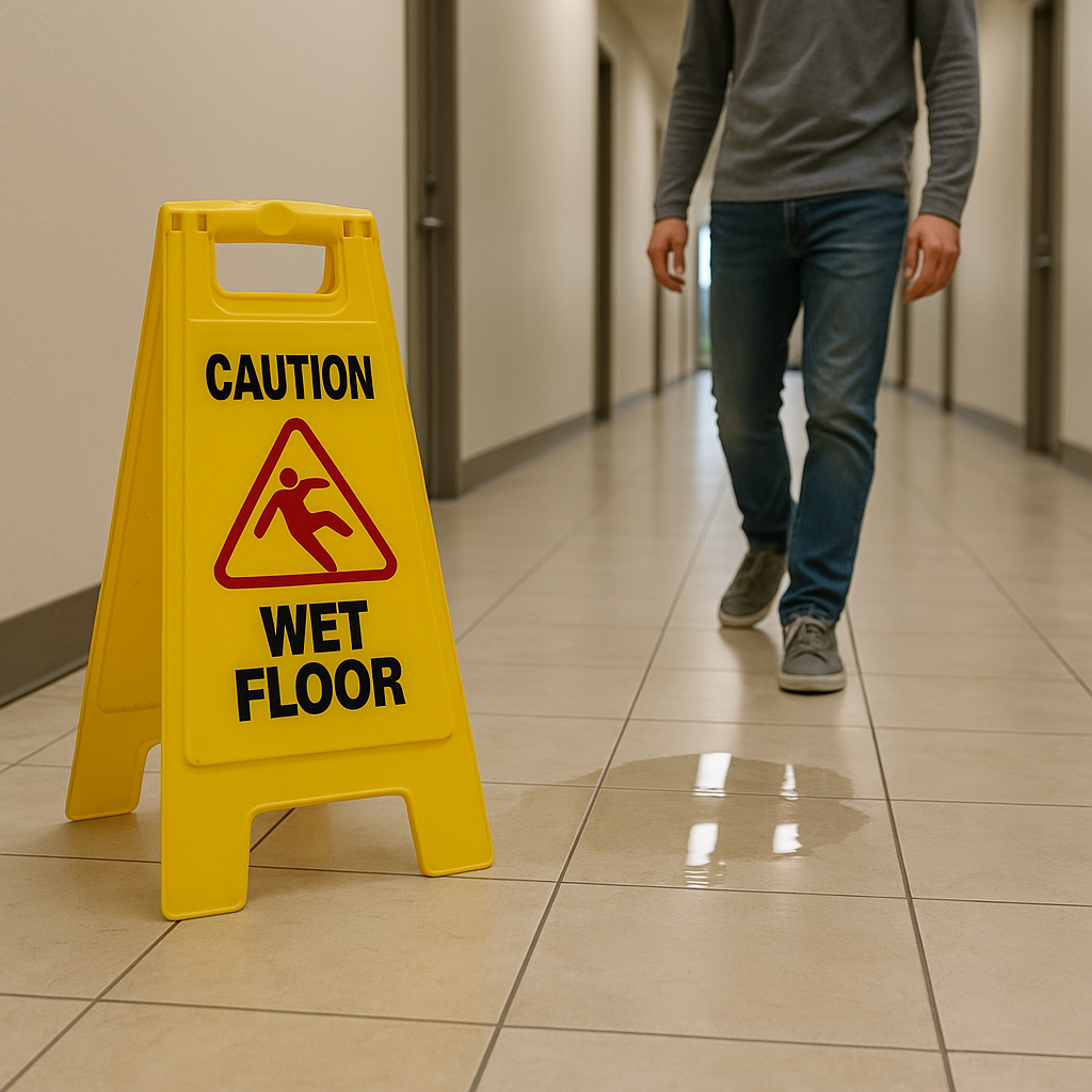Caution sign indicating wet floor hazard in a hallway, with a person walking nearby, emphasizing slip and fall risks associated with property negligence.