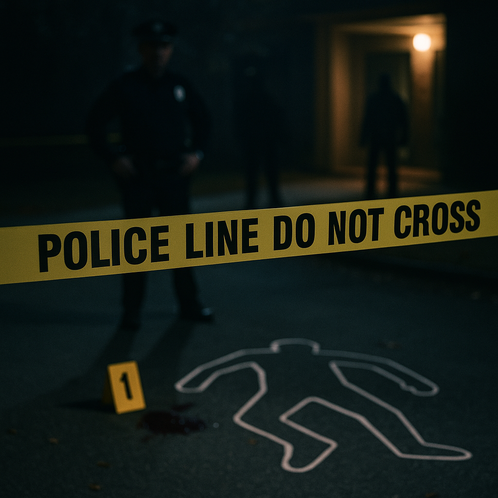 Police line at a homicide scene with chalk outline and evidence marker, emphasizing the seriousness of criminal investigations in Georgia.