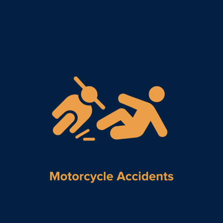 Icon of a person falling off of a motorcycle. The text beneath the icon says "Motorcycle Accidents".