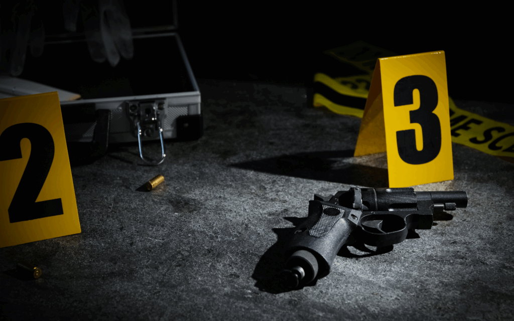 Handgun on a crime scene with evidence markers 2 and 3, highlighting the seriousness of violent crime investigations.
