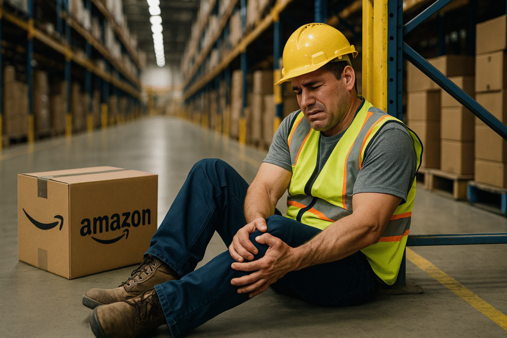 An editorial illustration of an injured Amazon Warehouse worker.