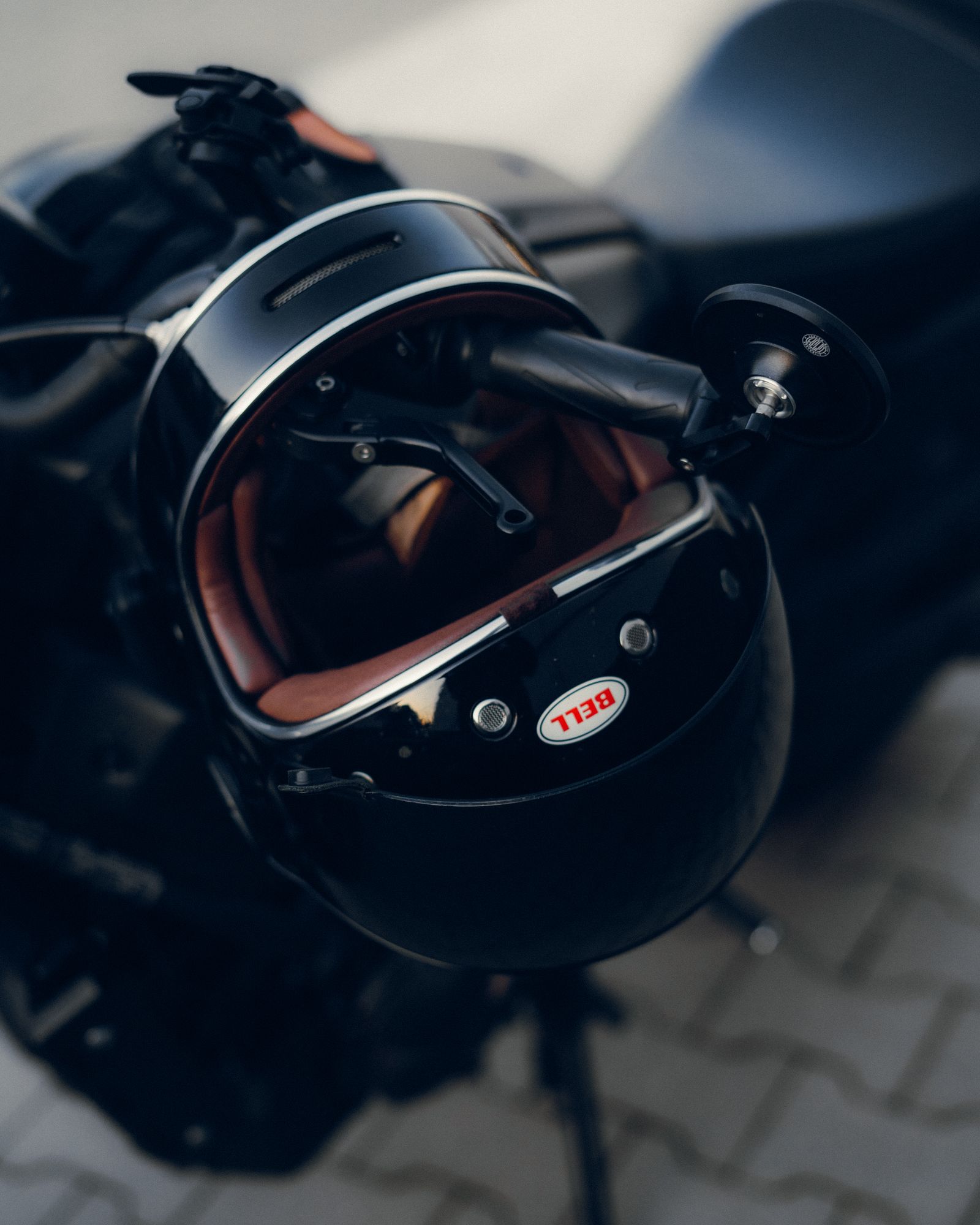 DOT-certified motorcycle helmet on a classic motorcycle