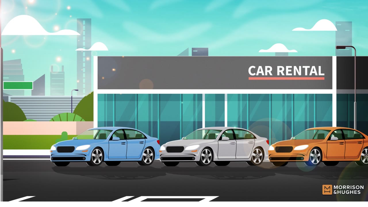 Illustration of a car rental lot with a row of rental cars ready to go