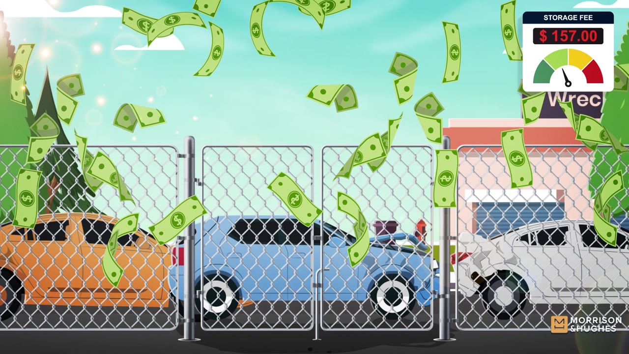 Illustration of damaged cars behind a wrecker yard fence with a storage fee meter climbing