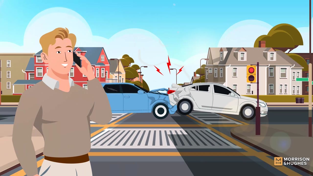 Illustration of a driver on the phone with an insurance company after a two-car collision